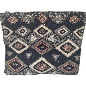 World Market Beaded‎ Clutch Handbag Embroidered Boho Hippie Makeup Bag Zipped